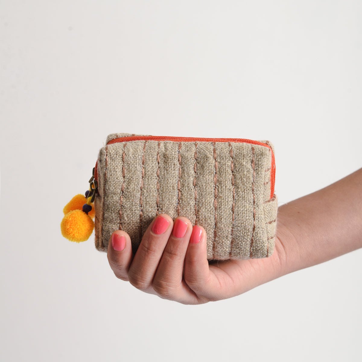 Small rustic natural linen pouch with double pocket &amp; Orange zipper with Yellow pompoms