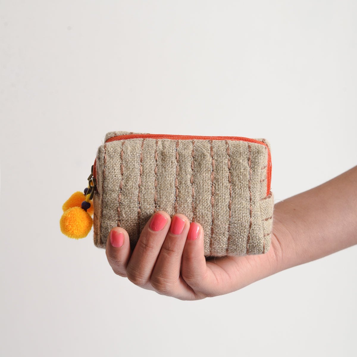 Small rustic natural linen pouch with double pocket & Orange zipper with Yellow pompoms