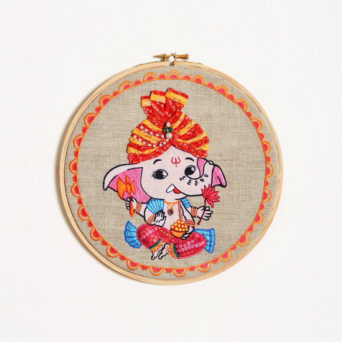 BABY GANESHA WALL ART - Embroidery & appliqued on Hoop or wooden frame.