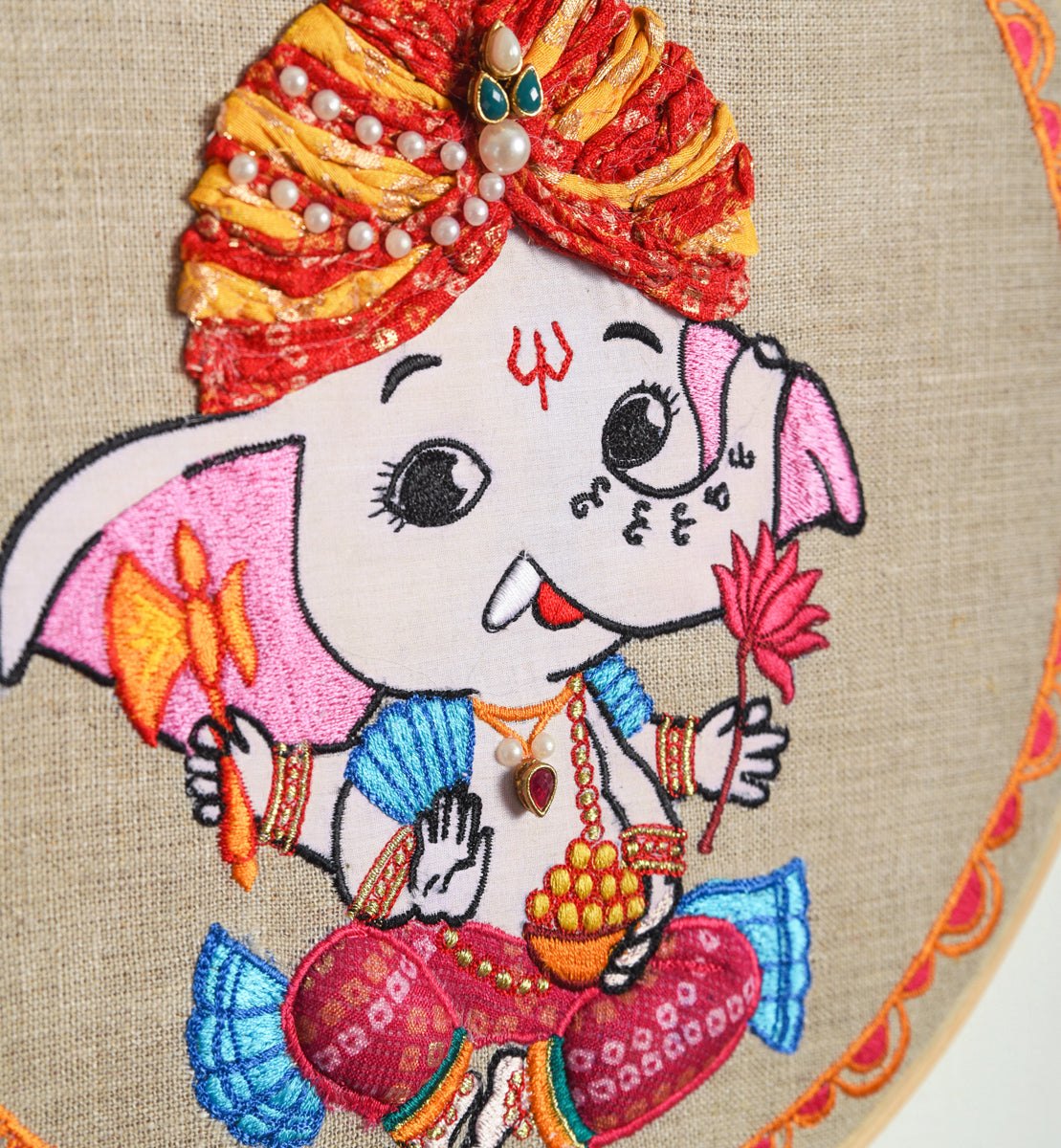 BABY GANESHA WALL ART - Embroidery & appliqued on Hoop or wooden frame.