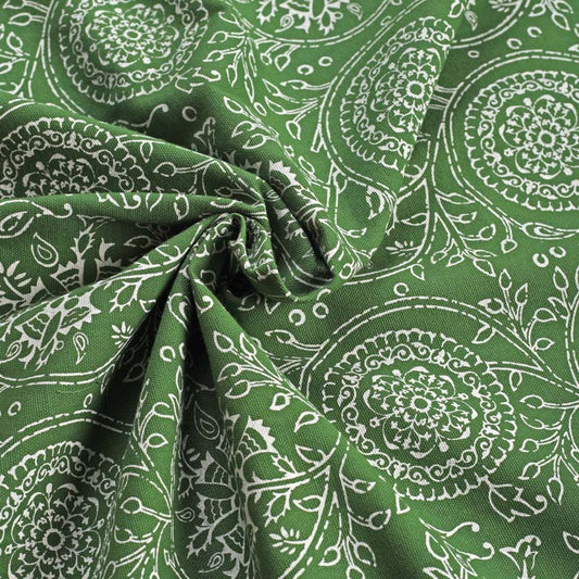 Green printed fabric, Kalamkari pattern, floral print