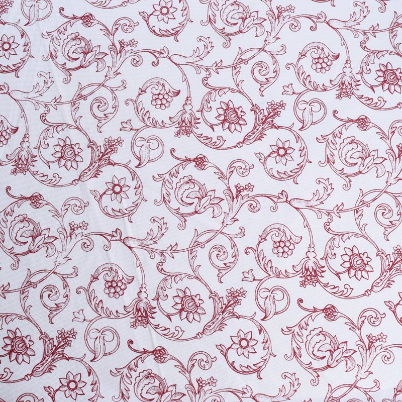 Red printed fabric, swirl pattern, Victorian pattern.