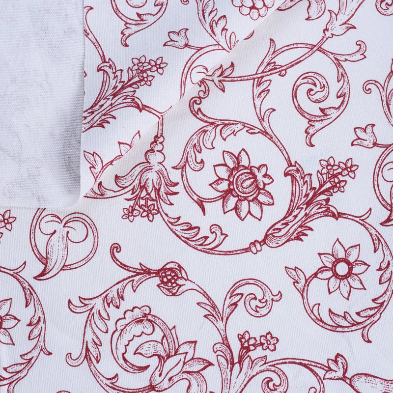 Red printed fabric, swirl pattern, Victorian pattern.