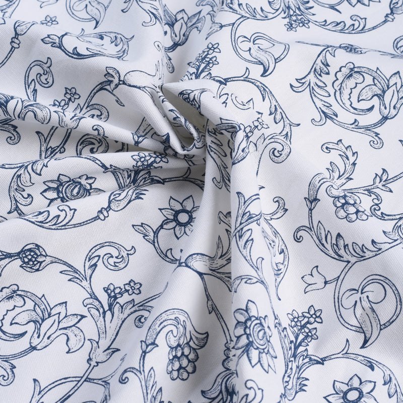 Blue printed fabric, swirl pattern, Victorian pattern.