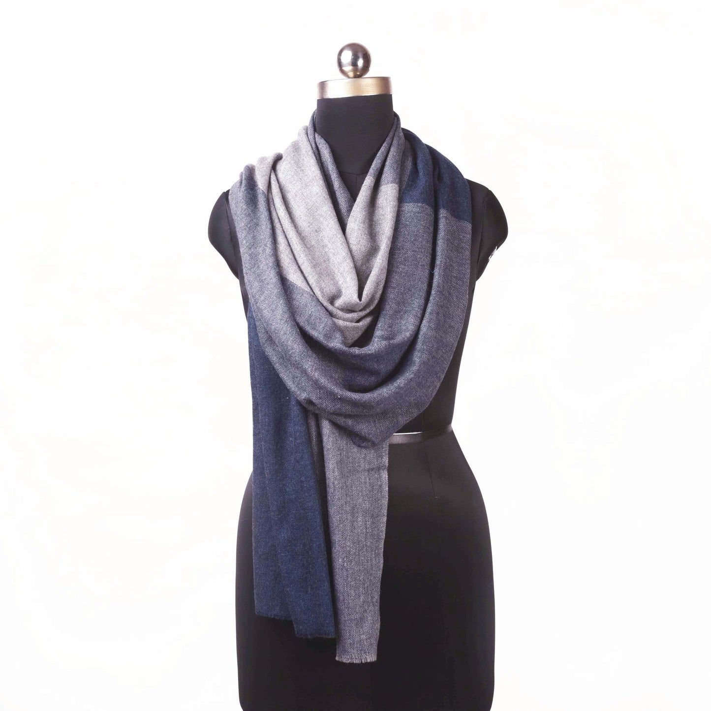 Dark blue and grey fine wool scarf, woven with four square pattern, reversible, gift for women