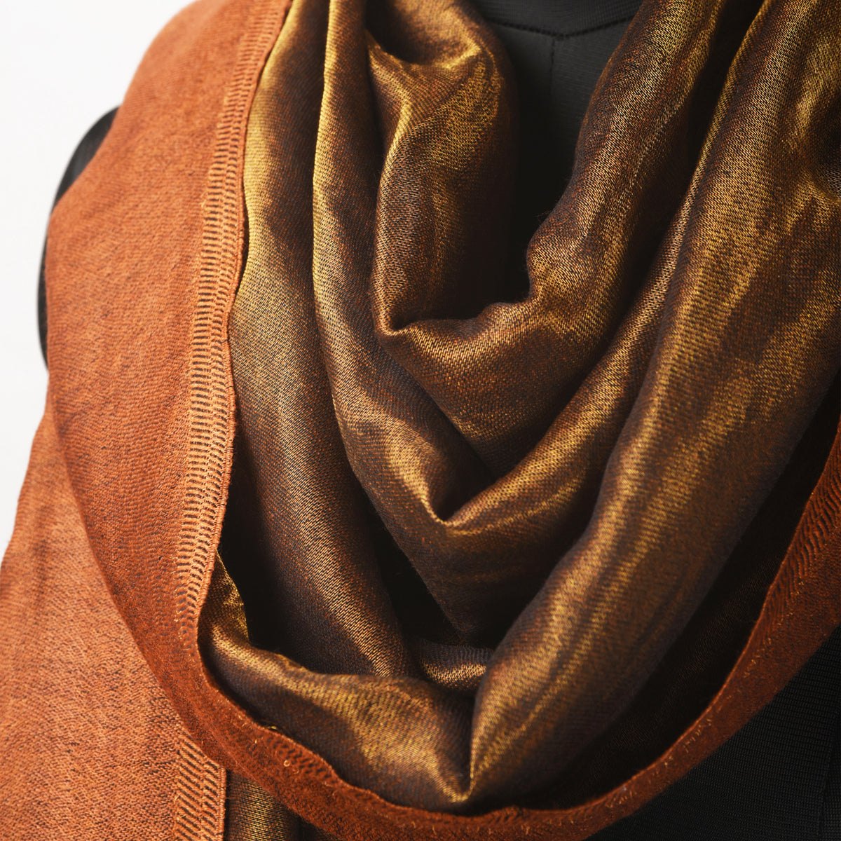 Rust and gold fine wool and zari scarf, reversible stole