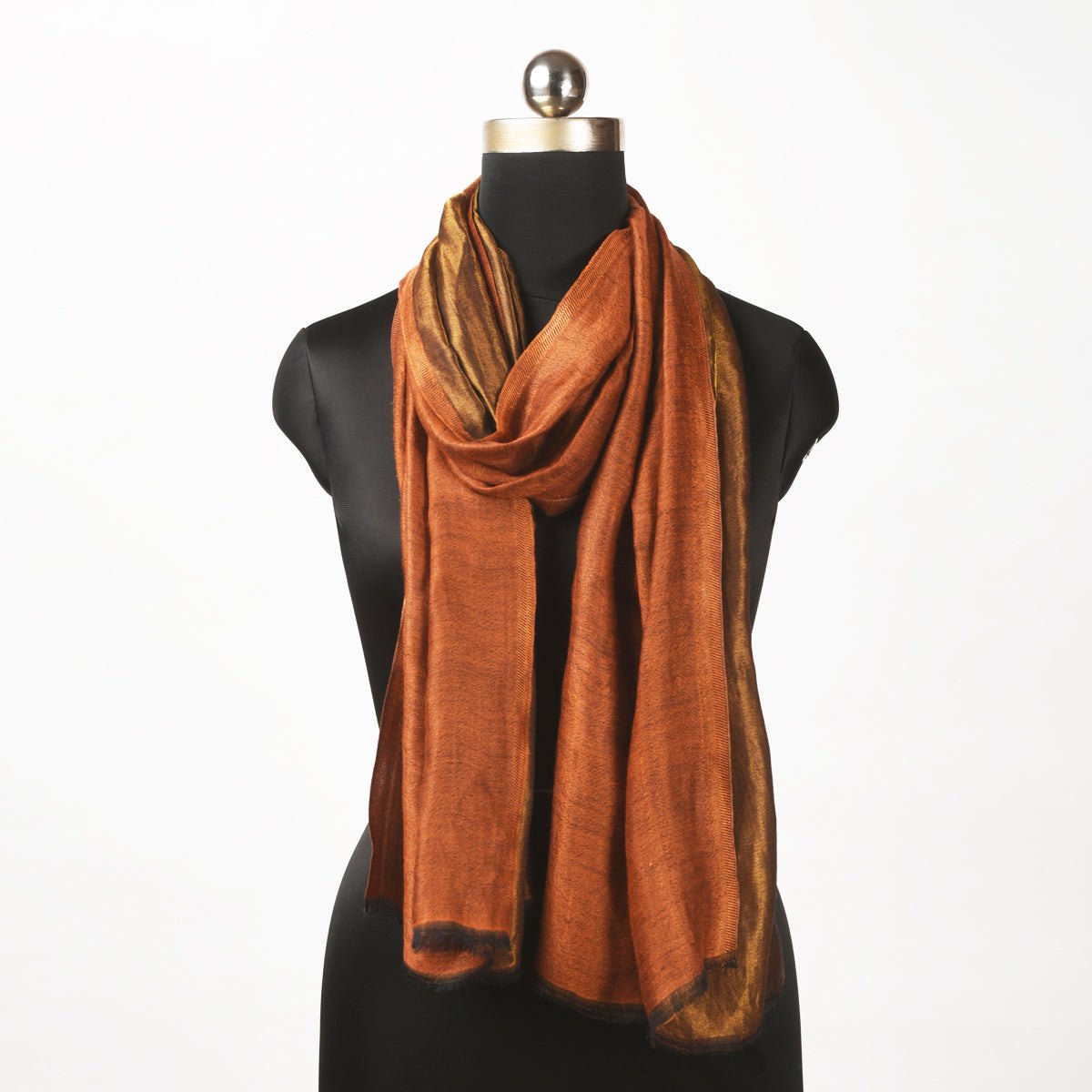 Rust and gold fine wool and zari scarf, reversible stole