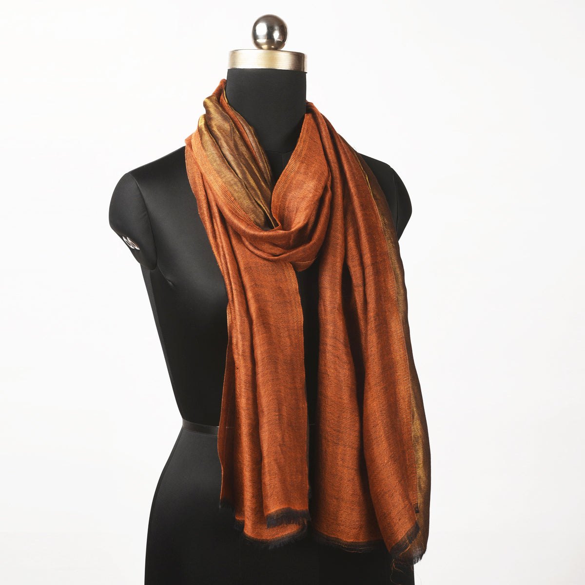 Rust and gold fine wool and zari scarf, reversible stole