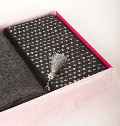 2 PC GIFT PACK - Sequinned charcoal colour evening clutch with fine wool 4 square stole