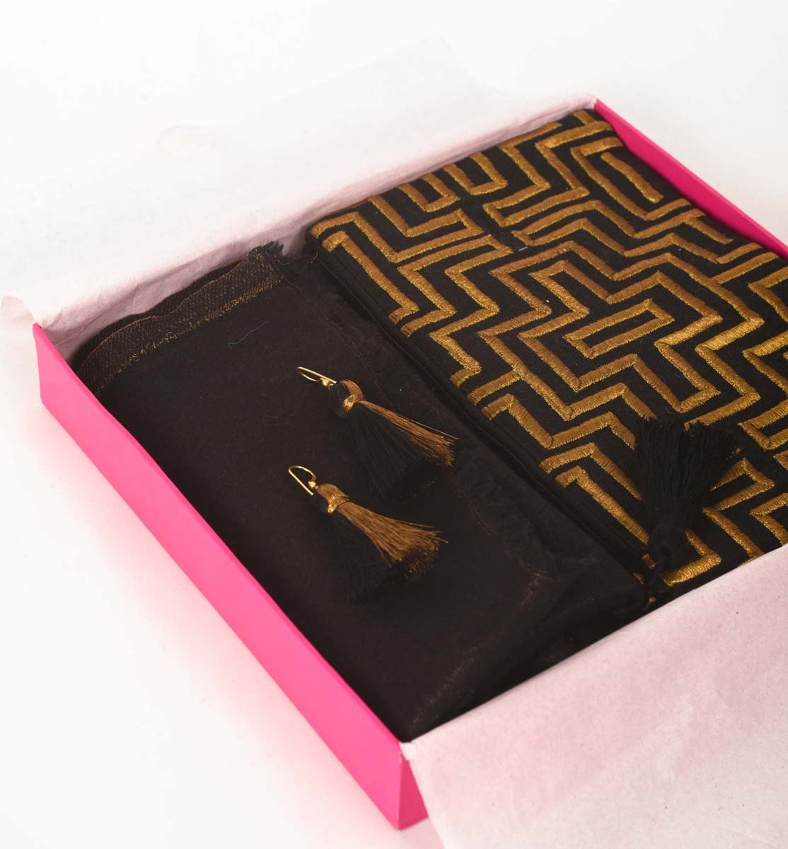 3 PC GIFT PACK - fine wool & zari stole with embroidered clutch and twin threader earrings