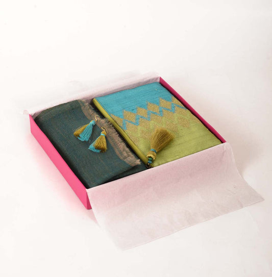 3 PC GIFT PACK - fine wool & zari stole with silk embroidered clutch and twin threader earrings
