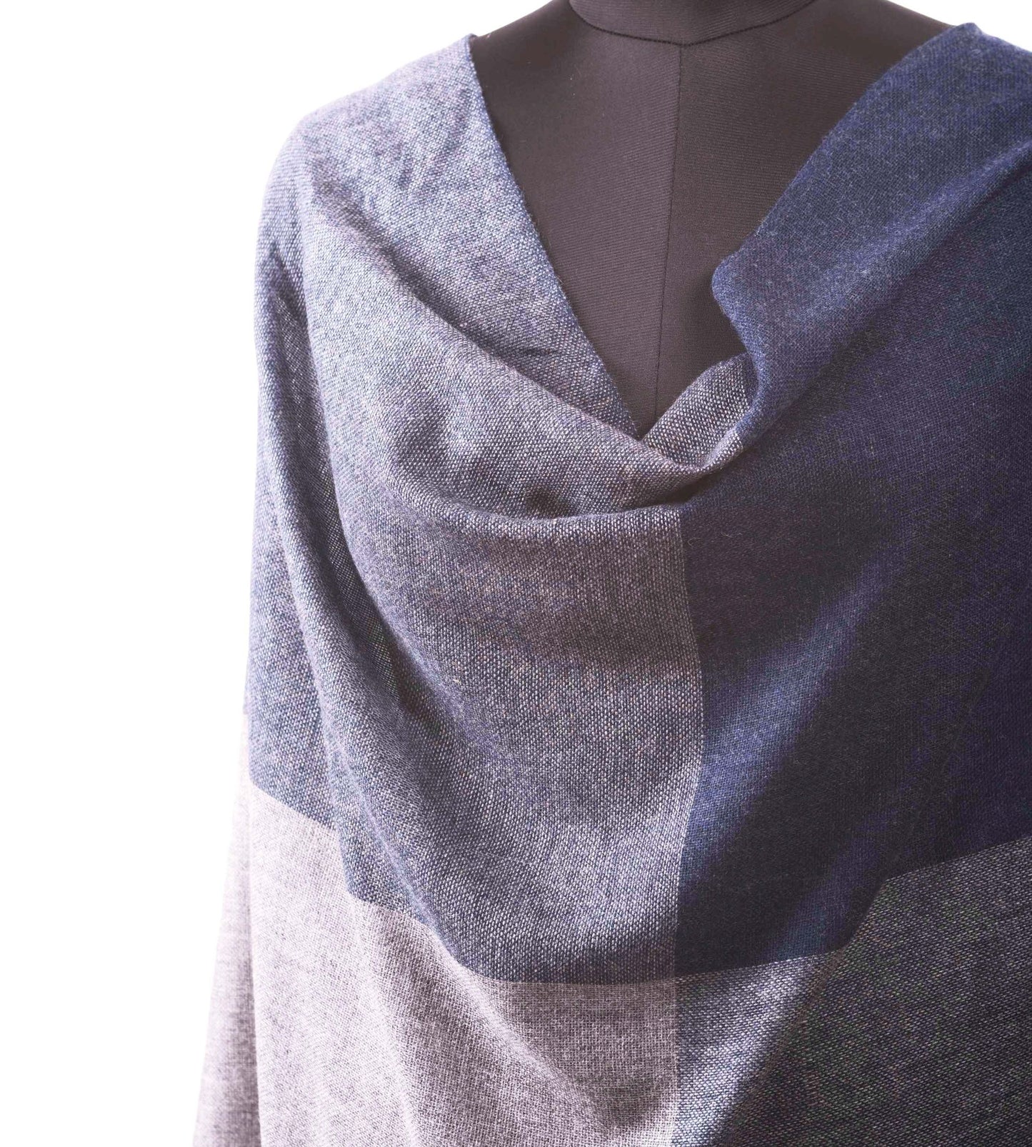 Dark blue and grey fine wool scarf, woven with four square pattern, reversible, gift for women