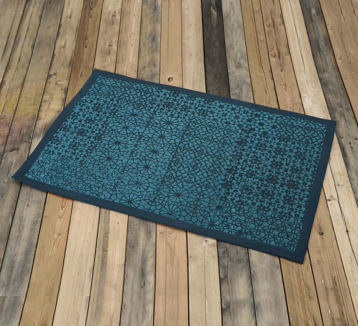 Cotton rug, teal colour geometric print, sizes available