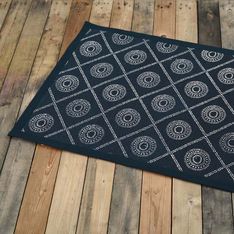 Cotton printed rug in indigo blue colour with geometric print