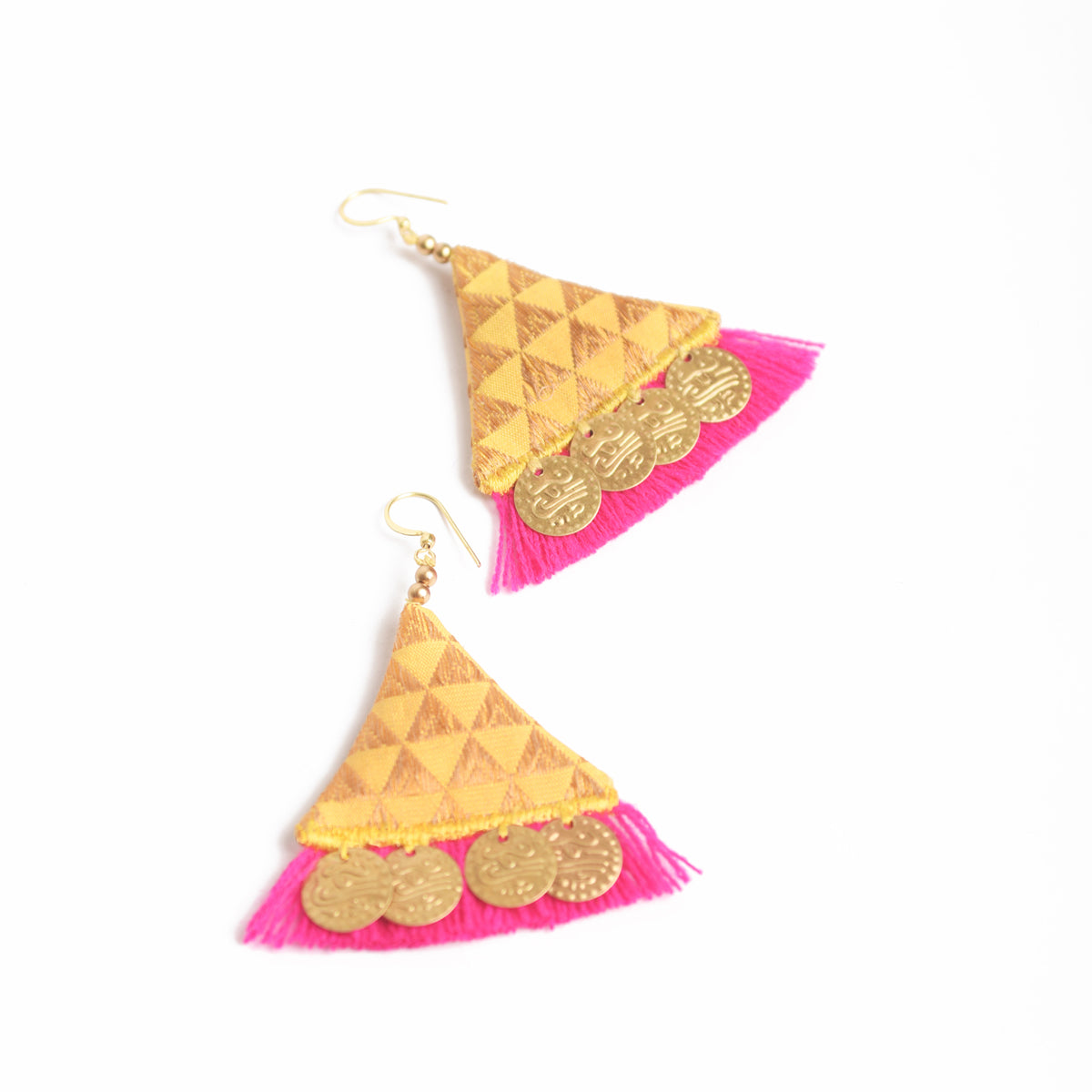 Yellow and gold brocade and threader earrings, Embroidered Bohemian tribal earrings