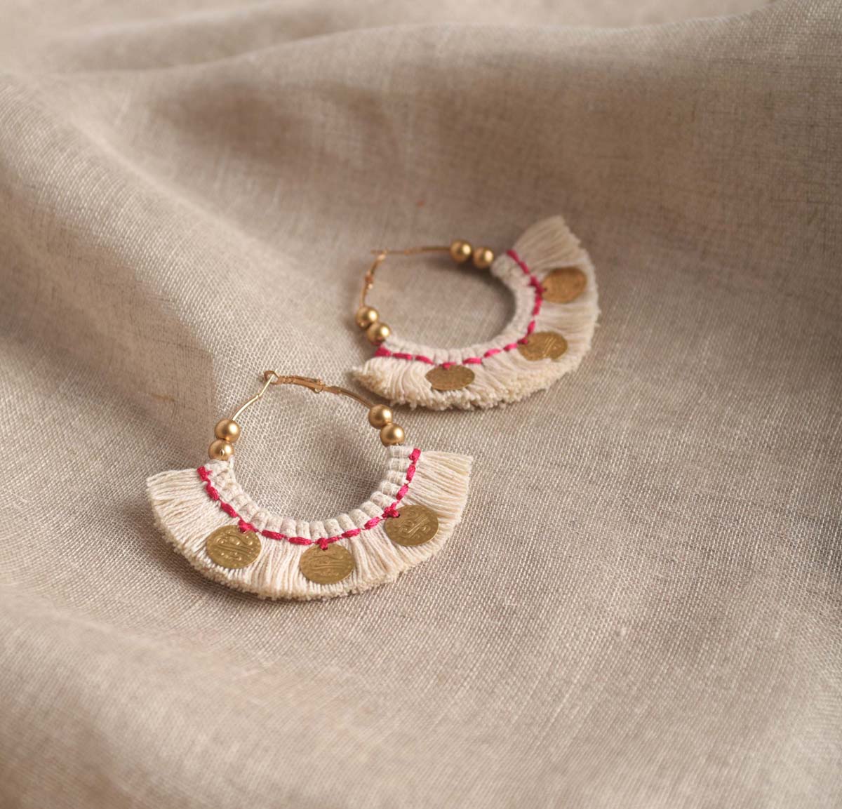 Off White Hoops, threader earrings, Bohemian tribal earrings