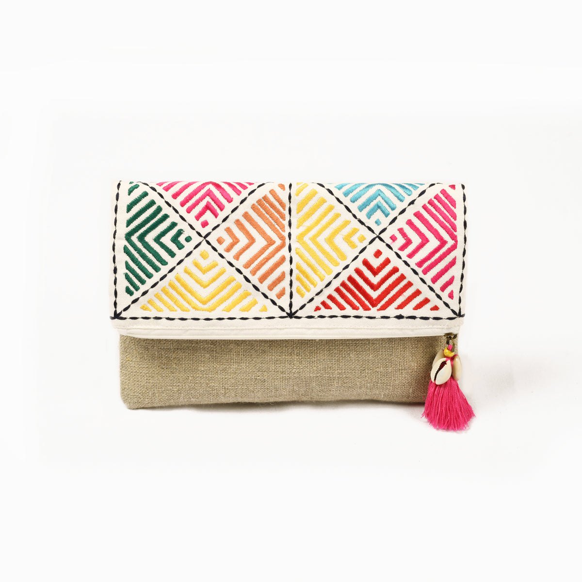 Banjara Foldover clutch, linen fabric handbag, embroidered boho bag