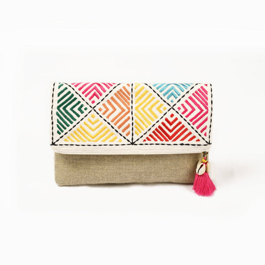 Banjara Foldover clutch, linen fabric handbag, embroidered boho bag