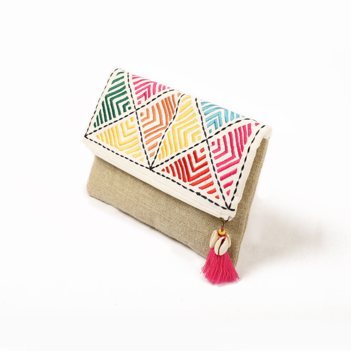 Banjara Foldover clutch, linen fabric handbag, embroidered boho bag