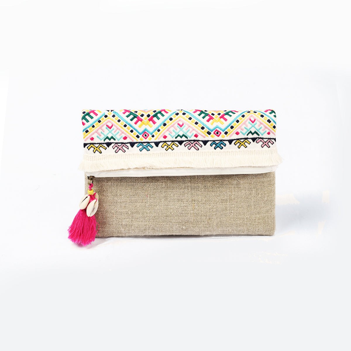 Banjara Foldover clutch, linen fabric handbag, embroidered boho bag