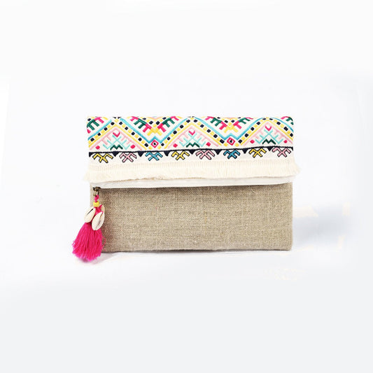 Banjara Foldover clutch, linen fabric handbag, embroidered boho bag