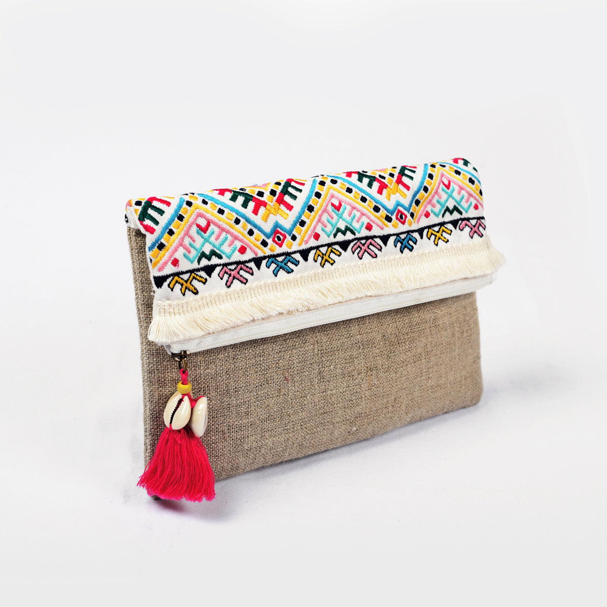 Banjara Foldover clutch, linen fabric handbag, embroidered boho bag