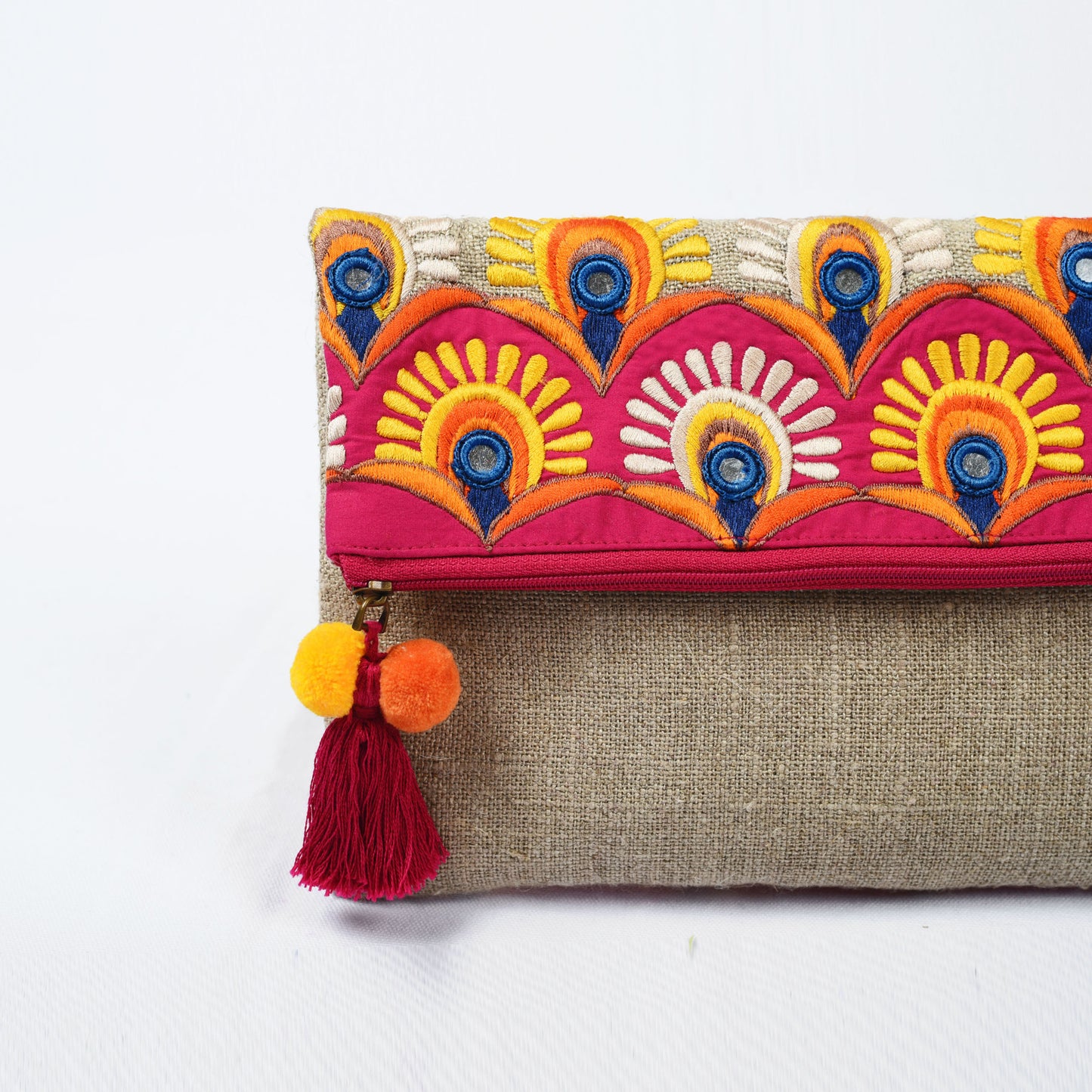 Foldover clutch, linen fabric handbag, embroidery, applique, boho bag