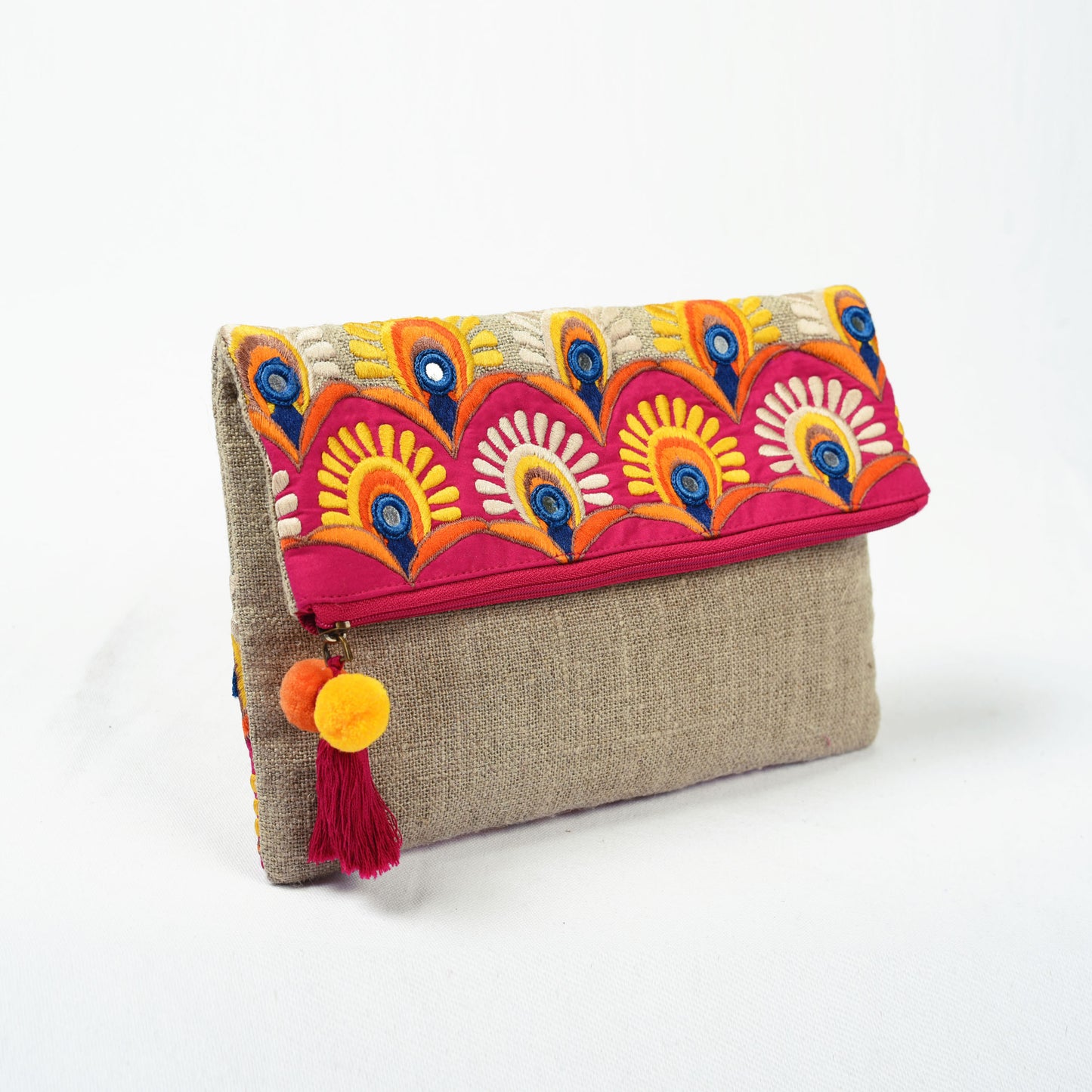 Foldover clutch, linen fabric handbag, embroidery, applique, boho bag