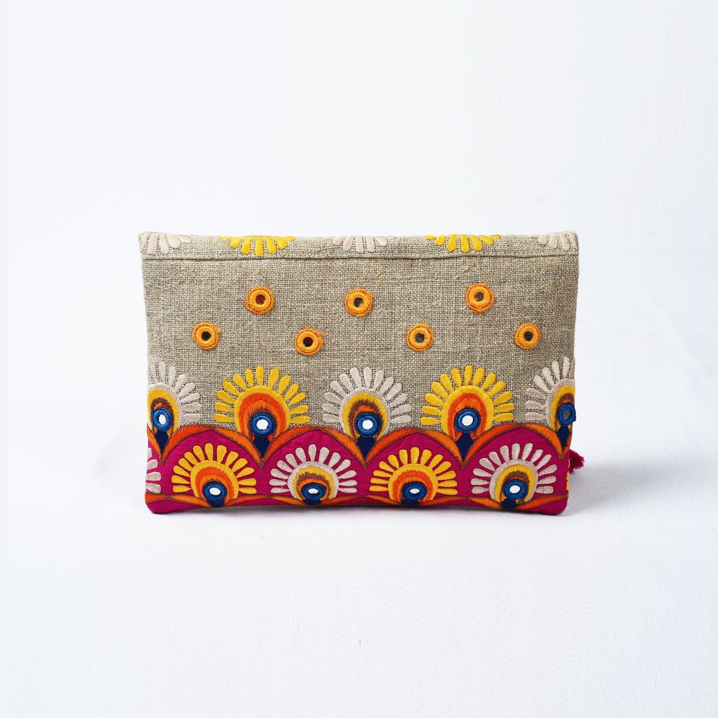 Foldover clutch, linen fabric handbag, embroidery, applique, boho bag