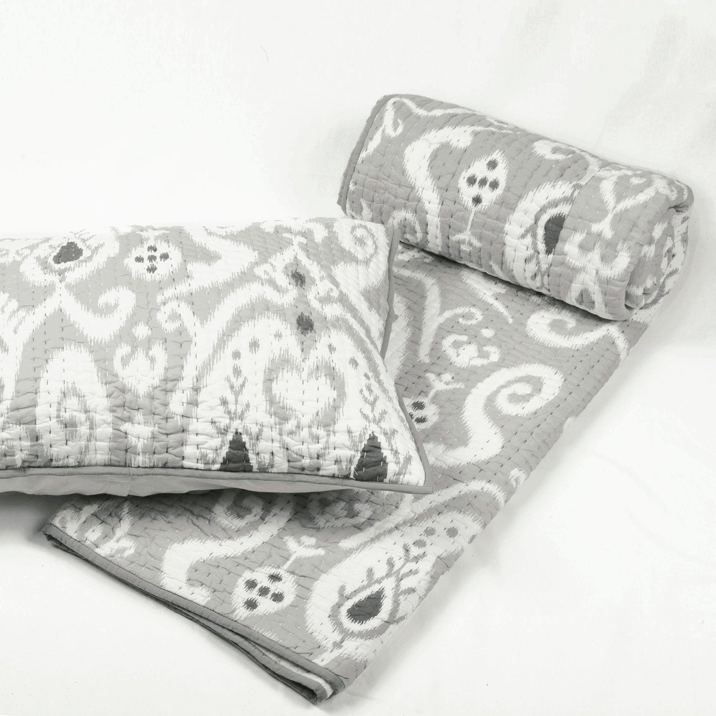 GREY IKAT print Kantha quilt - stripe pattern quilting - Quilted bed set, sizes available