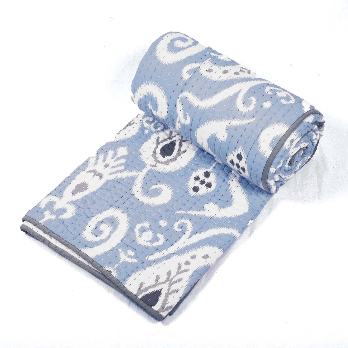 QUILTED BED SET - Blue ikat print with stripe pattern quilting, sizes available