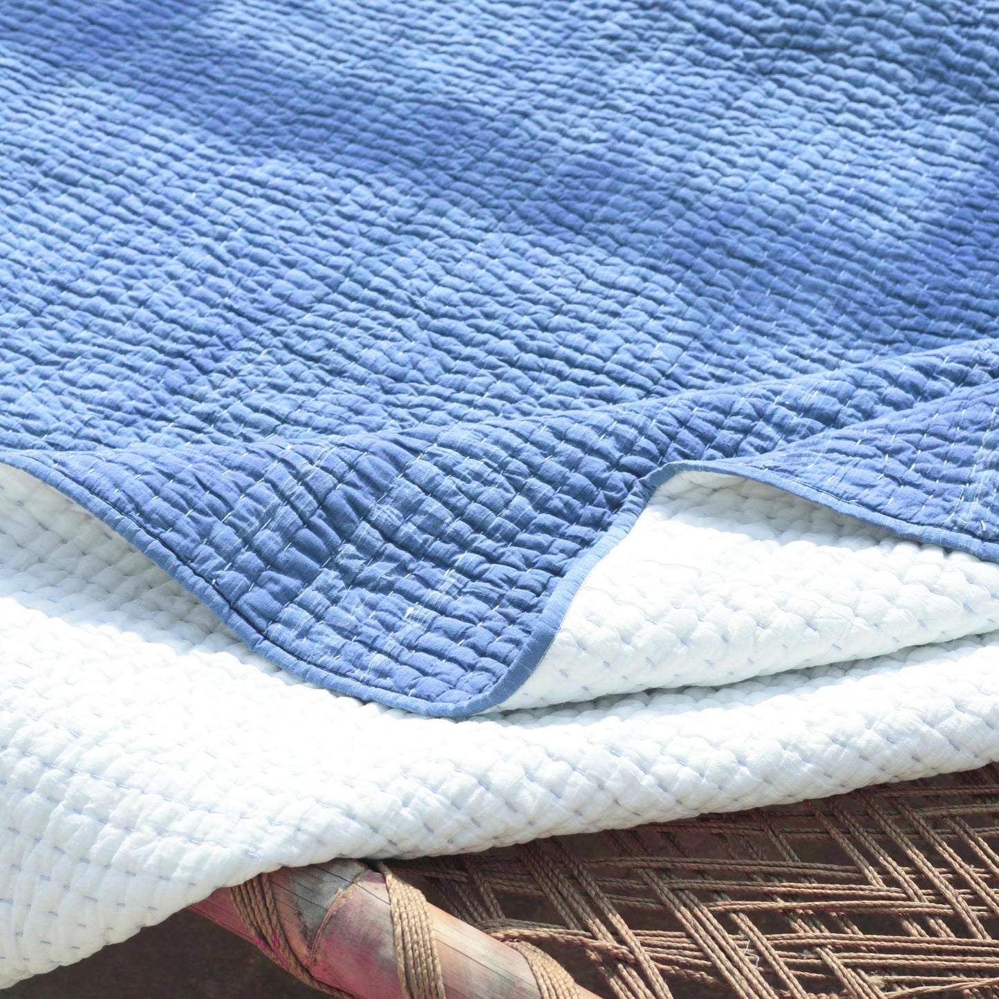 Denim Blue colour stonewashed kantha Quilted bed sets - 100% cotton, Sizes available