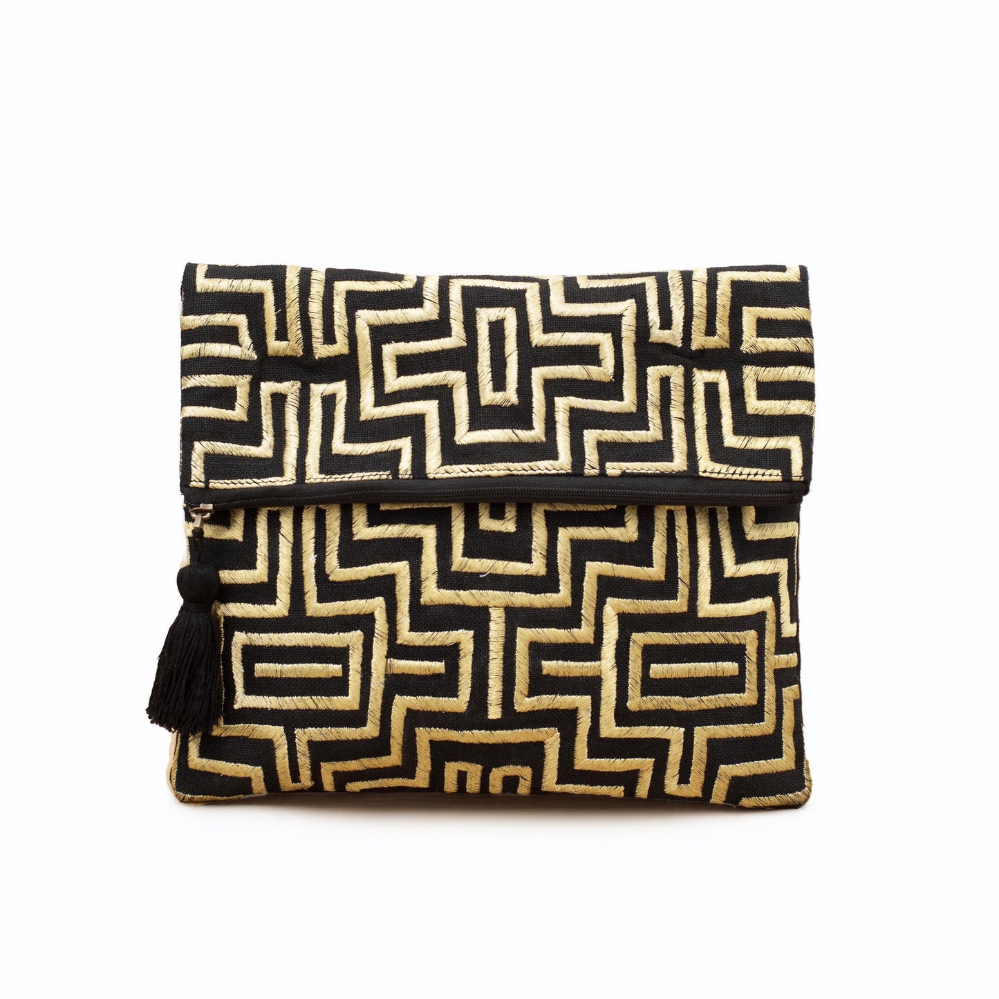 Mola - Black and gold embroidered foldover clutch