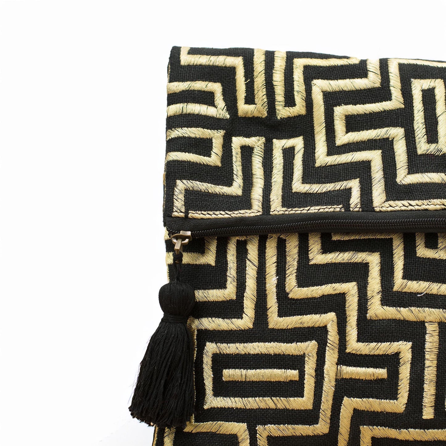 Mola - Black and gold embroidered foldover clutch