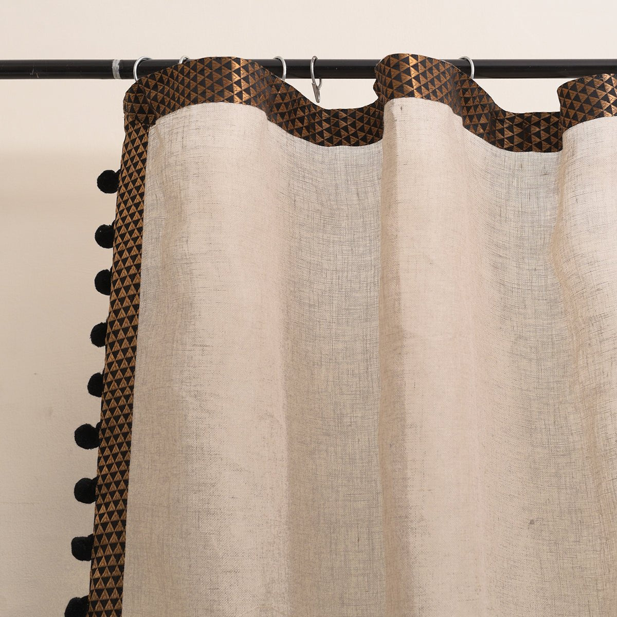 Linen curtain Panel, Sheer Drape, black brocade border, pompom lace, sizes available
