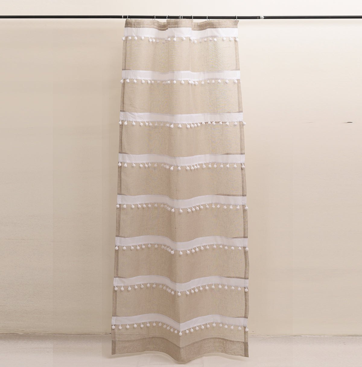 Linen curtain Panel, natural and white, Sheer Drape, striped, pompom lace, sizes available