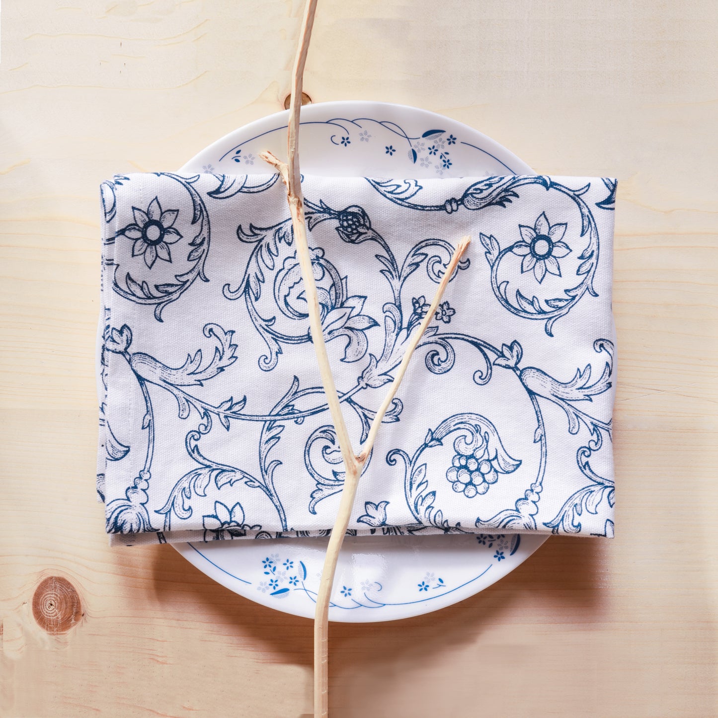 SWIRL cotton Table napkin, blue swirl victorian print on white