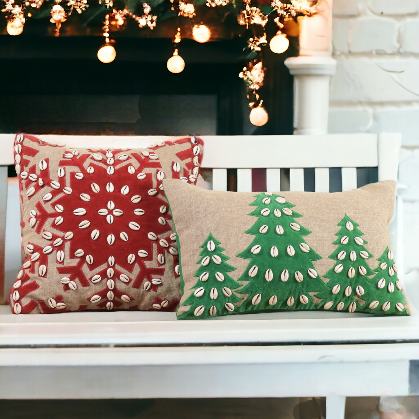 Christmas linen pillow cover, Christmas tree, velvet applique, cowri cushion cover - Vliving