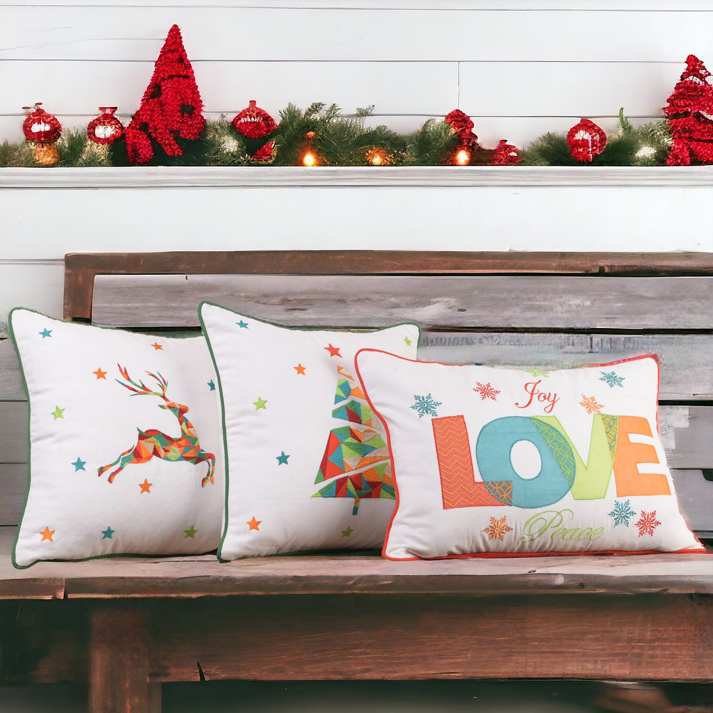 Christmas Love Joy Peace Appliqué Embroidered Lumbar Cushion Cover – 14"x21" - Vliving