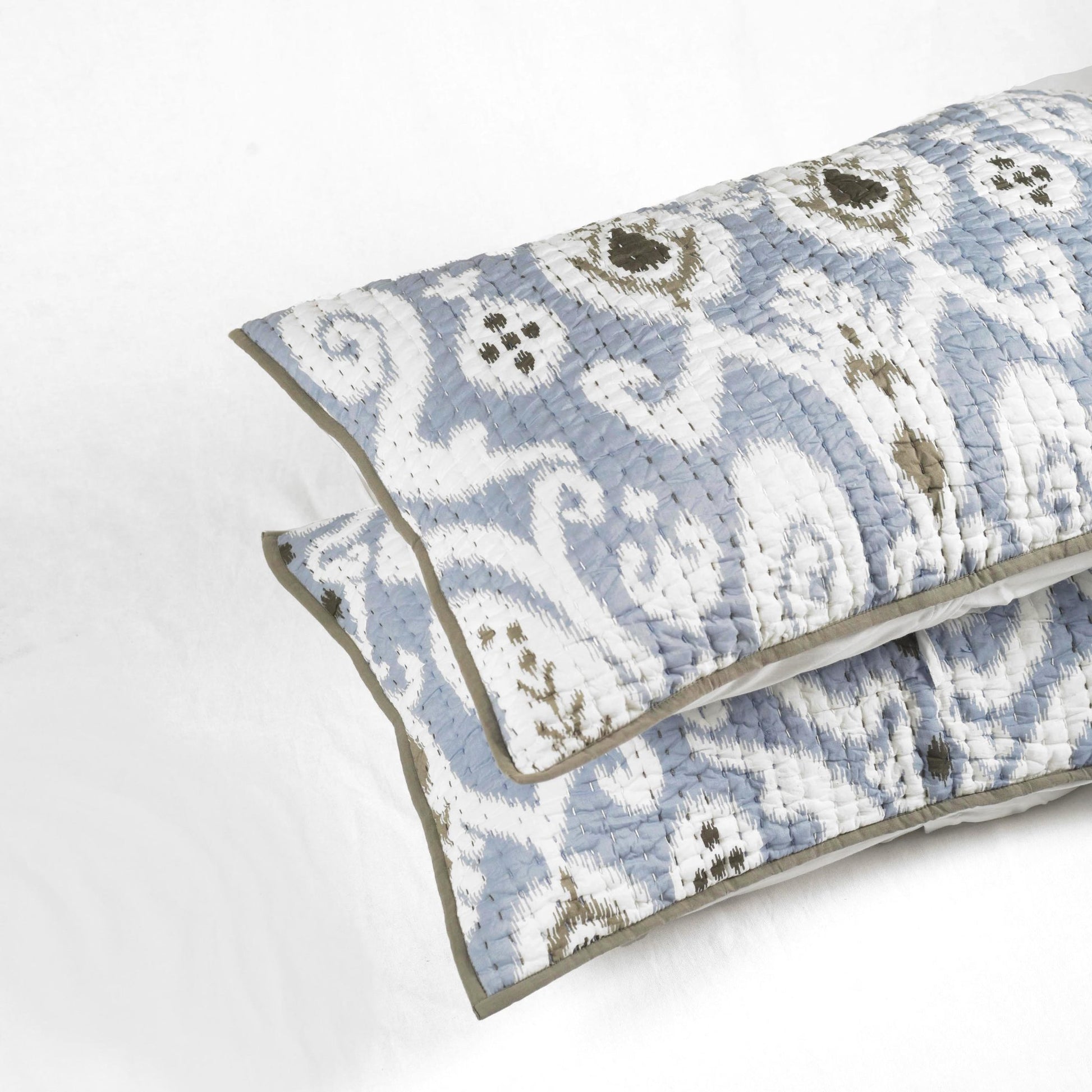 QUILTED BED SET - Blue ikat print with stripe pattern quilting, sizes available