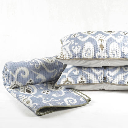 QUILTED BED SET - Blue ikat print with stripe pattern quilting, sizes available