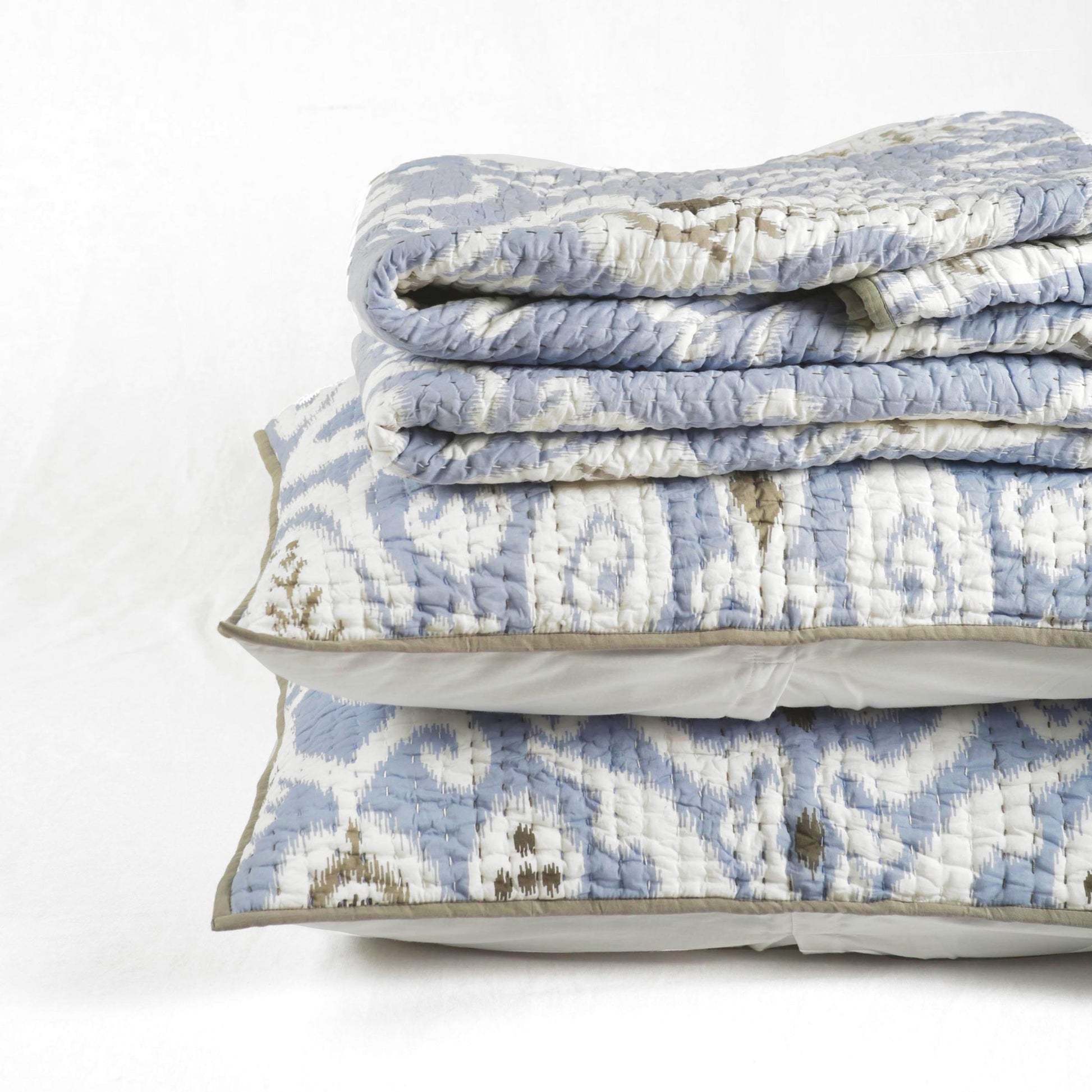 QUILTED BED SET - Blue ikat print with stripe pattern quilting, sizes available