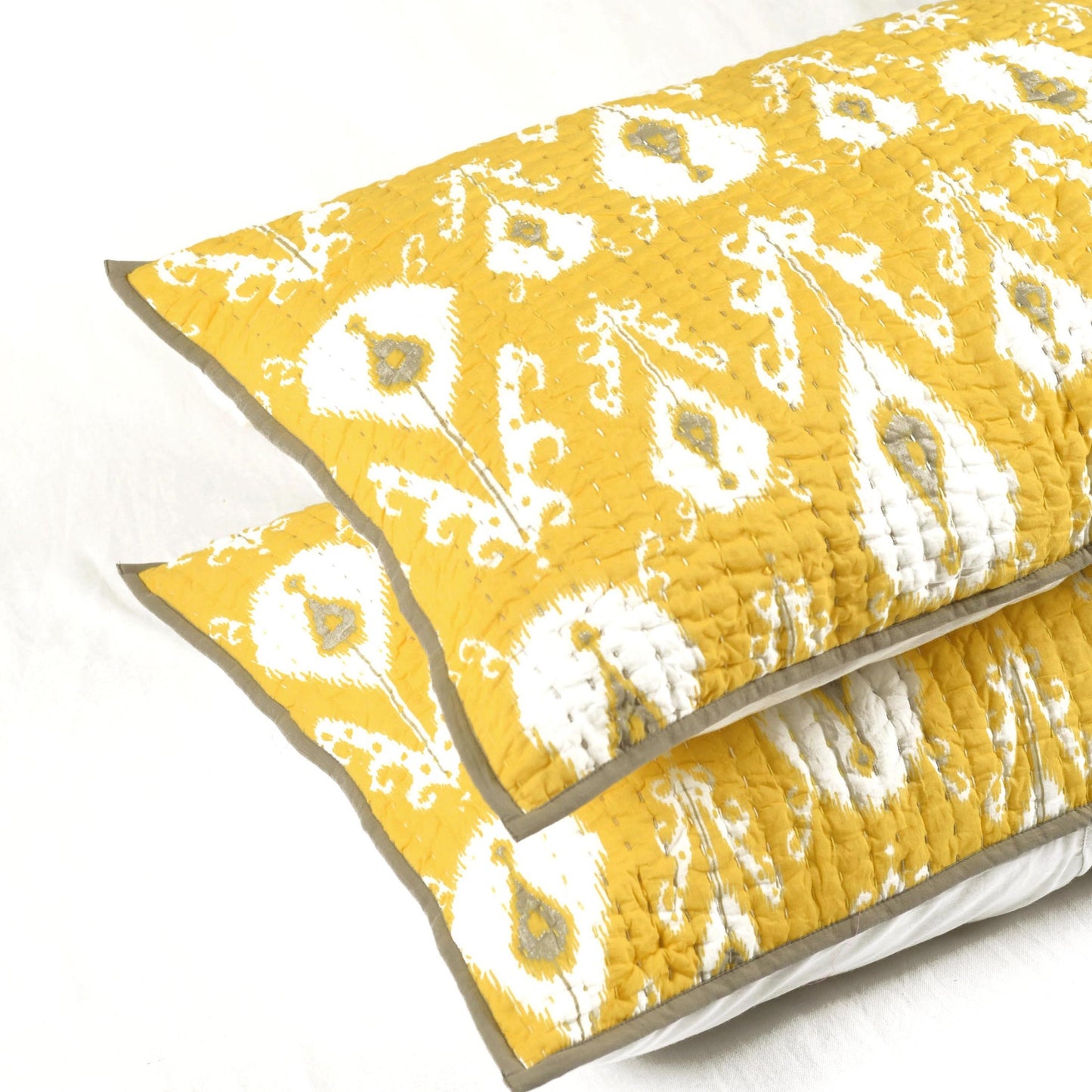 YELLOW IKAT print Kantha quilted bed set - stripe pattern quilting - Sizes available