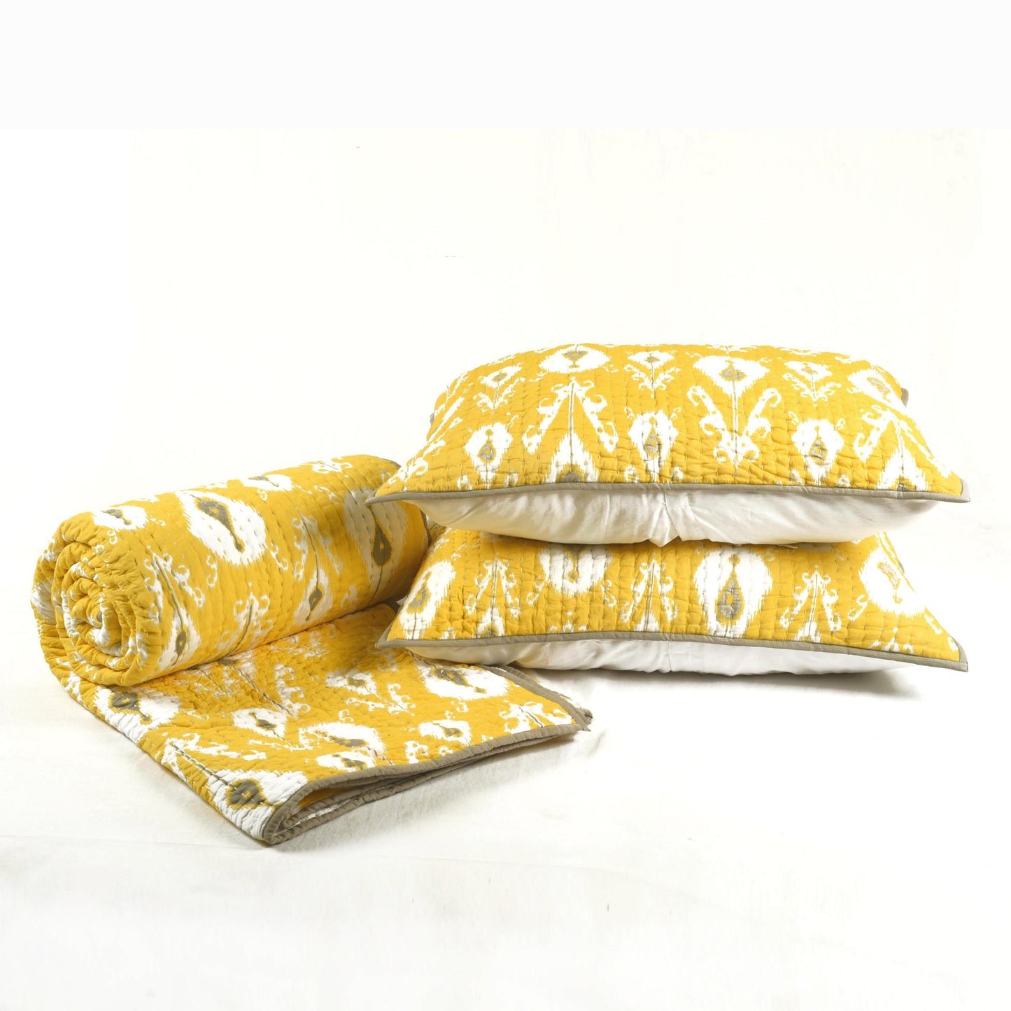 YELLOW IKAT print Kantha quilted bed set - stripe pattern quilting - Sizes available