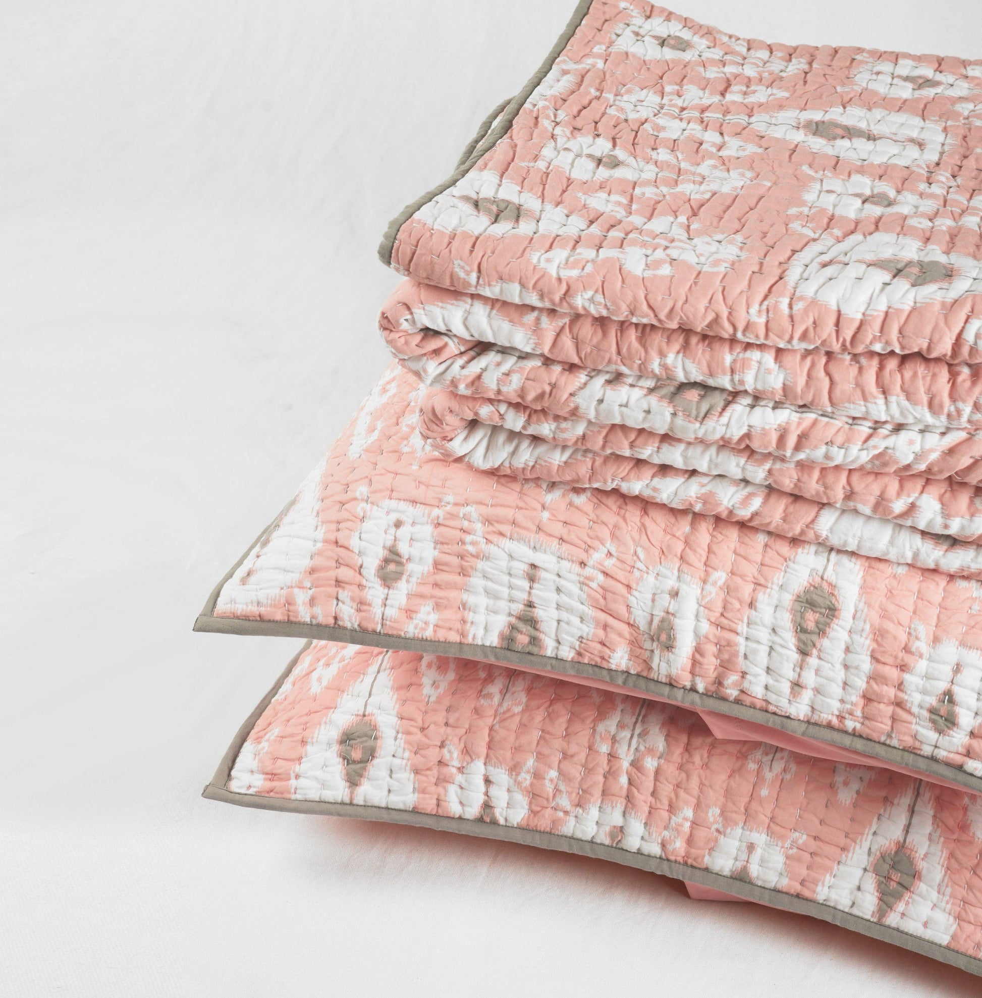 CORAL IKAT print Kantha quilt with stripe pattern quilting - sizes available