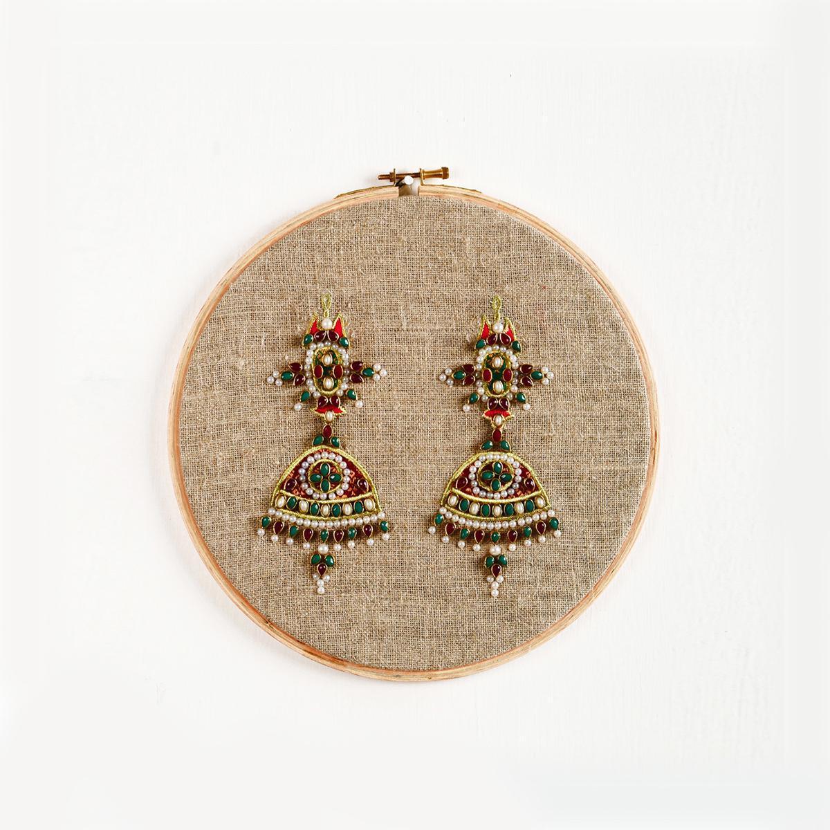 Jhumka Hoop art, Indian Jewellery embroidery, linen with colors, wall decor, size 10"