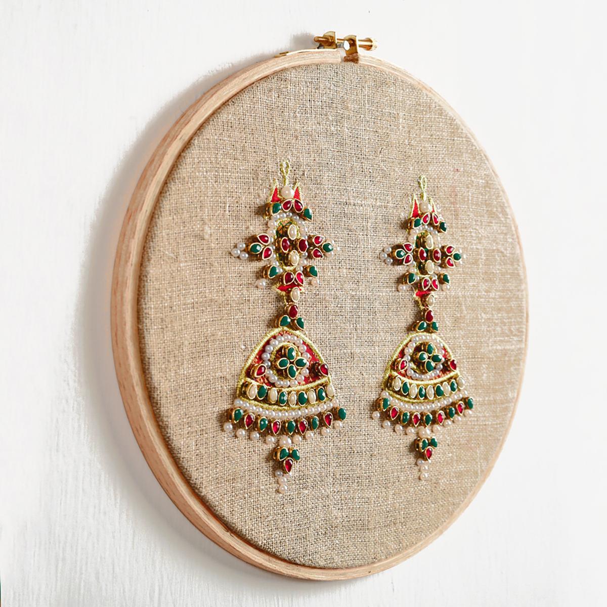 Jhumka Hoop art, Indian Jewellery embroidery, linen with colors, wall decor, size 10"