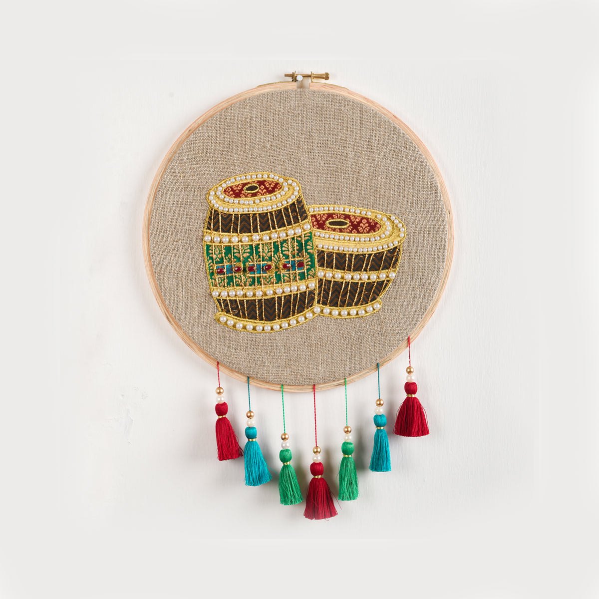 TABLA Musical instrument wall art, embroidery and applique in hoop OR wooden frame