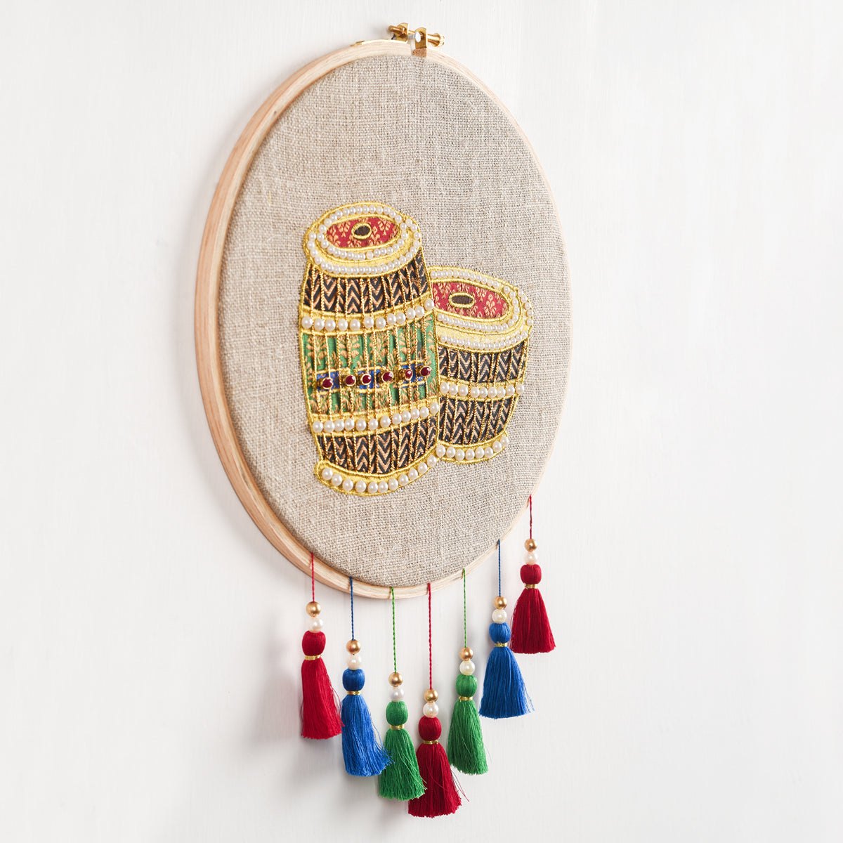 TABLA Musical instrument wall art, embroidery and applique in hoop OR wooden frame