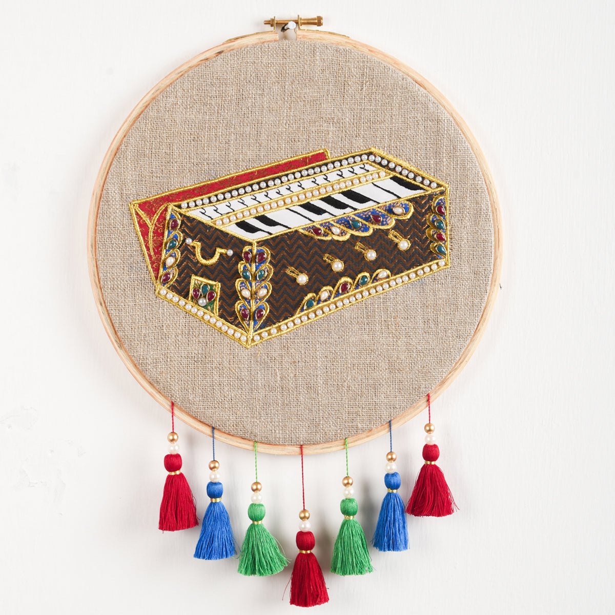 HARMONIUM Musical instrument wall art, embroidery and applique in hoop OR wooden frame